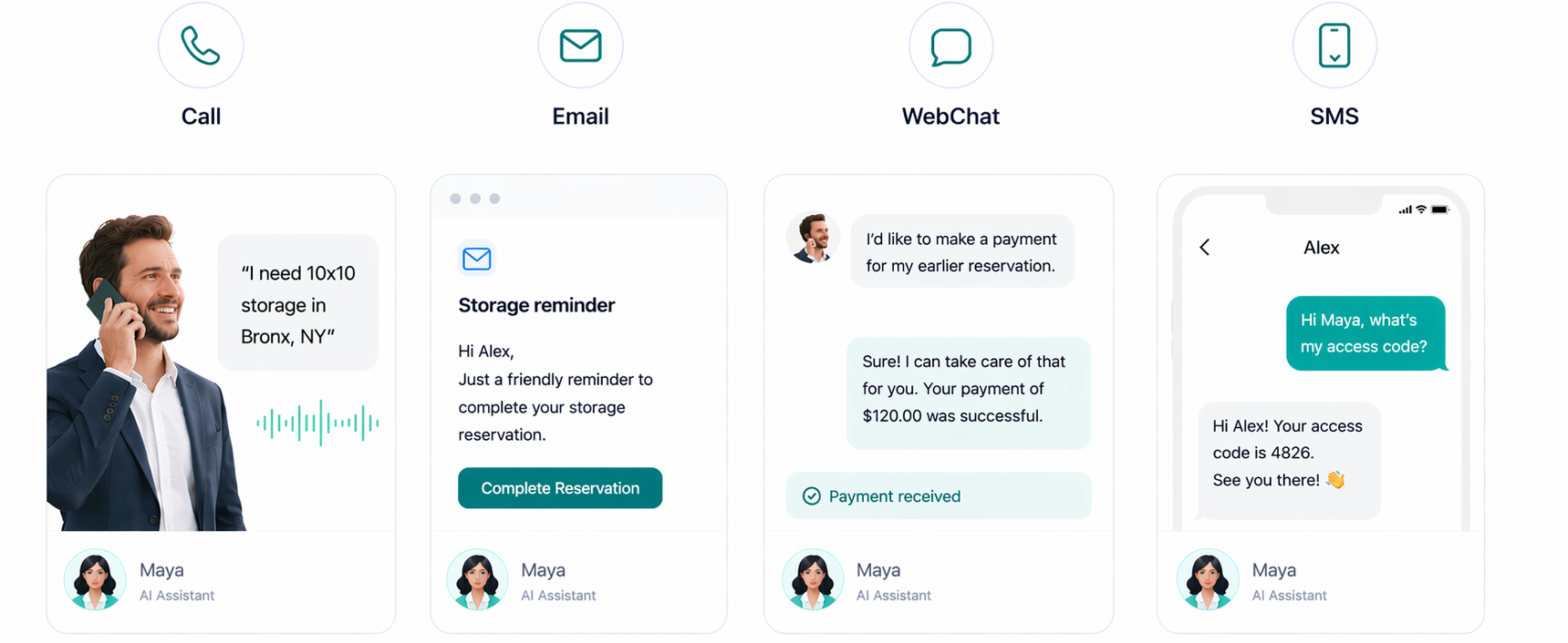 Maya multi-channel interface for voice, SMS, email, and web chat